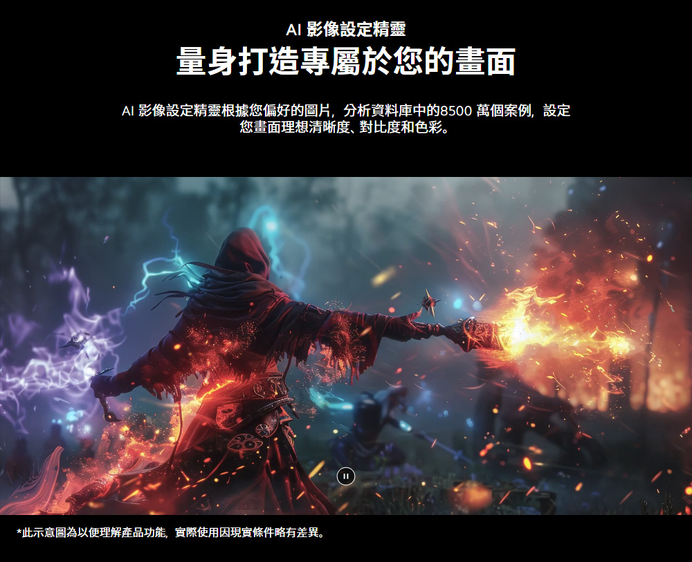 AI 影像設定精靈量身打造專屬於您的畫面AI 影像設定精靈根據您偏好的圖片,分析資料庫中的8500 萬個案例,設定您畫面理想清晰度、對比度和色彩。*此示意圖為以便理解產品功能,實際使用因現實條件略有差異。