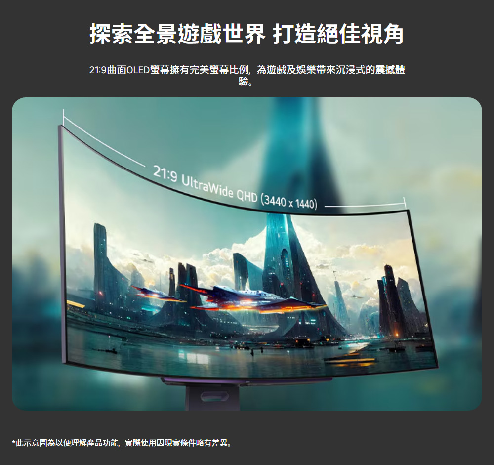 探索全景遊戲世界 打造絕佳視角21:9曲面OLED螢幕擁有完美螢幕比例,為遊戲及娛樂帶來沉浸式的震撼體驗。21:9 UltraWide QHD (3440x1440)*此示意圖為以便理解產品功能,實際使用因現實條件略有差異。