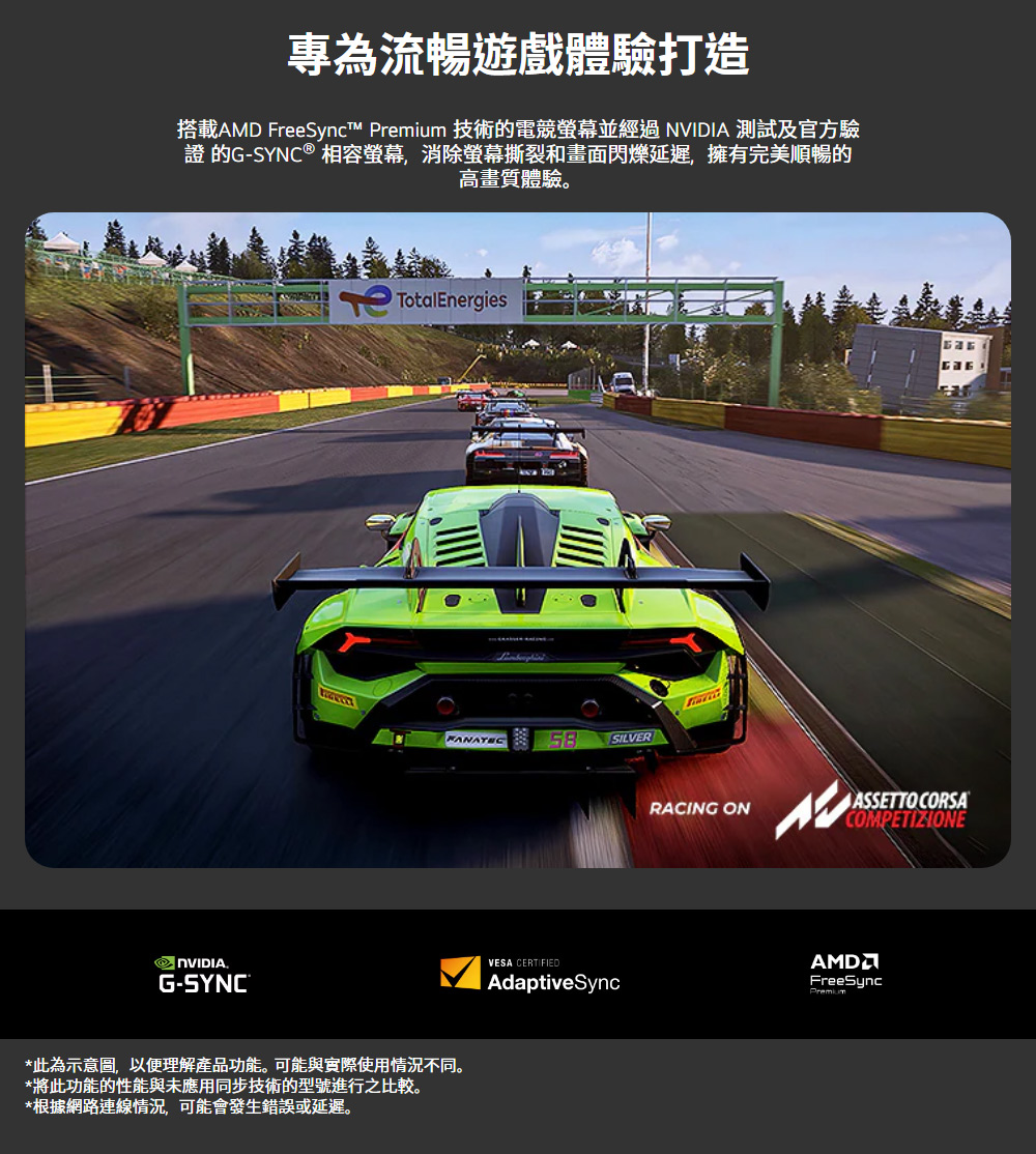 專為流暢遊戲體驗打造搭載AMD FreeSynct™  技術的電競螢幕並經過  測試及官方驗證的G-SYNC®相容螢幕,消除螢幕撕裂和畫面閃爍延遲,擁有完美順暢的高畫質體驗。NVIDIAG-SYNC®TotalEnergies SILVER*此為示意圖,以便理解產品功能。可能與實際使用情況不同。*將此功能的性能與未應用同步技術的型號進行之比較。*根據網路連線情況,可能會發生錯誤或延遲。RACING ONASSETTO CORSACOMPETIZIONEVESA CERTIFIEDAdaptiveSyncAMDFreeSyncPremium