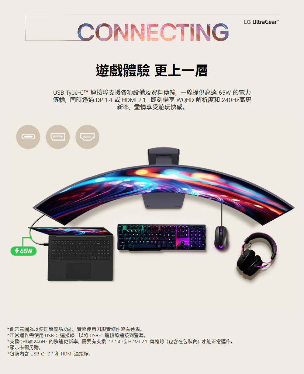 LG UltraGearCONNECTING遊戲體驗 更上一層USB Type-C™ 連接埠支援各項設備及資料傳輸,一線提供高達65W的電力傳輸,同時透過DP 1.4 或HDMI 2.1,即刻暢享 WQHD 解析度和 240Hz高更新率,盡情享受遊玩快感。*此示意圖為以便理解產品功能,實際使用因現實條件略有差異。*正常運作需使用USB-C 連接線,以將USB-C 連接埠連接到螢幕。*支援QHD@240Hz 的快速更新率。需要有支援 DP 1.4 或 HDMI 2.1 傳輸線(包含在包裝)才能正常運作。*顯示卡需另購。*包裝 USB-CDP和HDMI 連接線。