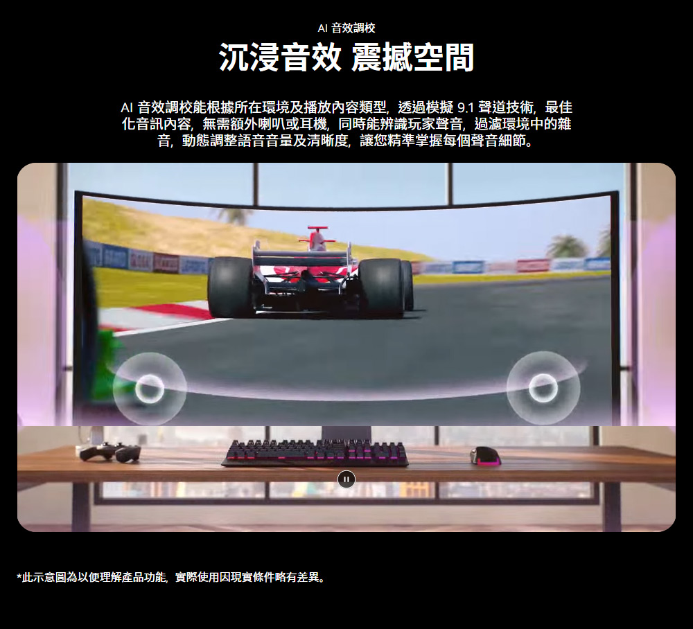 AI 音效調校沉浸音效 震撼空間AI 音效調校能根據所在環境及播放內容類型,透過模擬9.1聲道技術,最佳化音訊內容,無需額外喇叭或耳機,同時能辨識玩家聲音,過濾環境中的雜音,動態調整語音音量及清晰度,讓您精準掌握每個聲音細節。*此示意圖為以便理解產品功能,實際使用因現實條件略有差異。