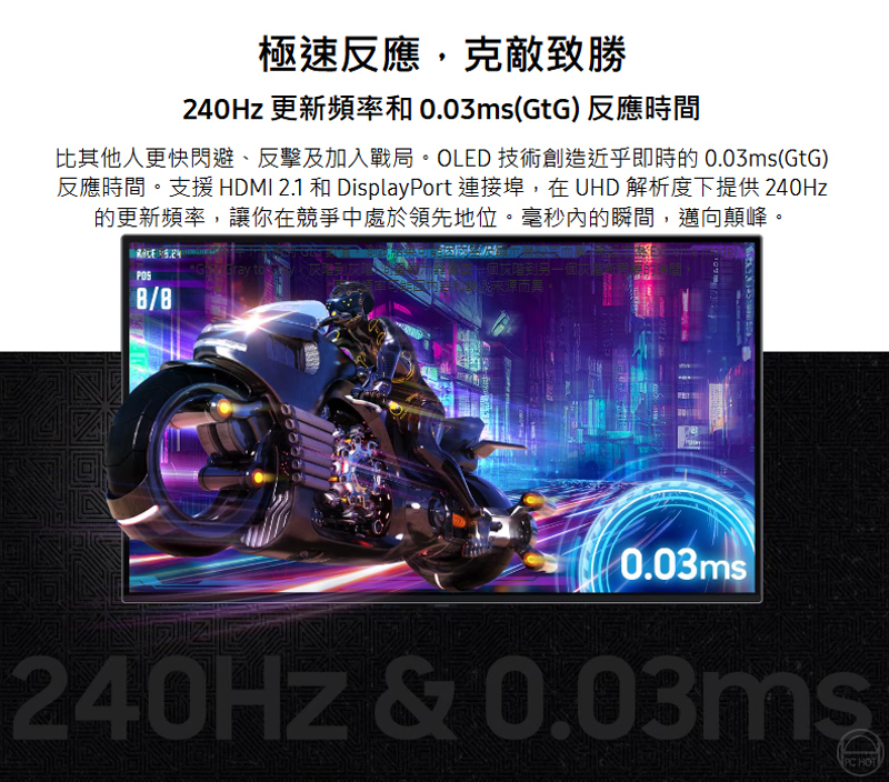 極速反應克敵致勝240Hz 更新頻率和 0.03ms(GtG) 反應時間比其他人更快閃避、反擊及加入戰局。OLED 技術創造近乎即時的0.03ms(GtG)反應時間。支援 HDMI 2.1 和 DisplayPort 連接埠,在 UHD 解析度下提供 240Hz的更新頻率,讓你在競爭中處於領先地位。毫秒內的瞬間,邁向顛峰。Gray to灰階到另一個灰來源而異。0.03ms240Hz & 0.03msPC HOT