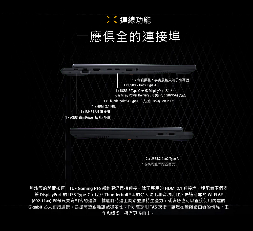 連線功能一應俱全的連接埠 音訊插孔麥克風輸入端子和耳機1 x USB3.2 Gen2 Type A1 x USB3.2 Type-C 支援 DisplayPort 2.1 *Gsync 及 Power Delivery 3.0 (輸入:20V/5A) 支援1 x Thunderbolt™ 4 Type-C,支援 DisplayPort 2.1 *1 x HDMI 2.1 FRL1 x RJ45 LAN 連接埠1 x ASUS Slim Power 插孔 (矩形)2 x USB3.2 Gen2 Type A*規格可能配置而異。無論您的設置如何,TUF Gaming F16 都能讓您保持連接。除了專用的 HDMI 2.1 連接埠,還配備兩個支援 DisplayPort 的 USB Type-C,以及 Thunderbolt™ 4 的強大功能和多功能性。快速可靠的 Wi-Fi 6E(802.11ax) 確保只要有相容的連線,就能隨時連上網路並維持生產力,或者您也可以直接使用內建的Gigabit 乙太網路連接。為提高遠距離訊號穩定性,F16 還採用TAS 技術,讓您在遠離路由器的情況下工作和娛樂,擁有更多自由。
