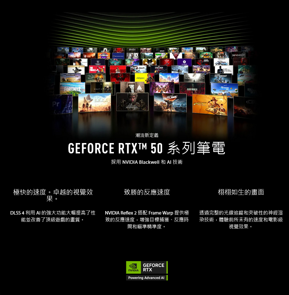 FORTNITEPr RON AGALAN OUTLAWSWUKONG潮流新定義GEFORCE RTXT 50 系列筆電採用  Blackwell 和  技術極快的速度。卓越的視覺效果。致勝的反應速度DLSS 4  AI 的強大功能大幅提高了性能並改善了頂級遊戲的畫質。栩栩如生的畫面NVIDIA Reflex 2 搭配 Frame Warp 提供極致的反應速度,增強目標捕獲、反應時間和瞄準精準度。透過完整的光線追蹤和突破性的神經渲染技術,體驗前所未有的速度和電影級視覺效果。GEFORCENVIDIARTXPowering Advanced