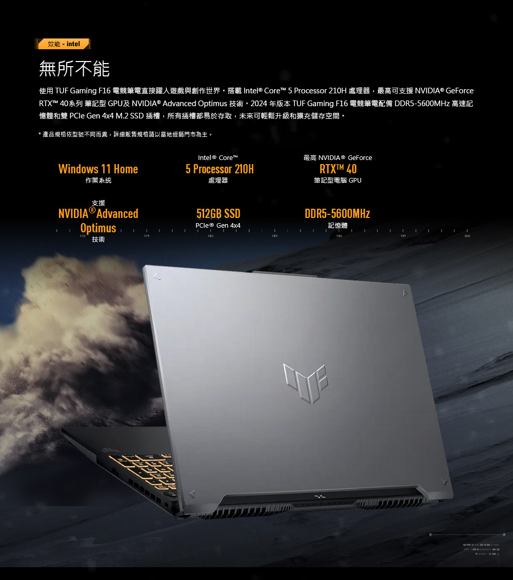 效能-intel無所不能TUF Gaming F6 ntel® Core 5 Processor 210H GeForceRTX 40系列 筆記型 GPU及 NVIDIA® Advanced Optimus 技術2024 年版本 TUF Gaming F16 電競筆電配備 DDR5-5600MHz 高速記憶體和雙 PCle Gen 4x4 M.2 SSD 插槽,所有插槽都易於存取,未來可輕鬆升級和擴充儲存空間。* 產品規格依型號不同而異,詳細販售規格請以當地經銷門市為主。Intel® Core™Windows 11 Home5 Processor 210H處理器作業系統支援NVIDIA® AdvancedOptimusI技術512GB SSD Gen 4x41NVIDIA® GeForce 40筆記型電腦 GPUDDR5-5600MHZ記憶體