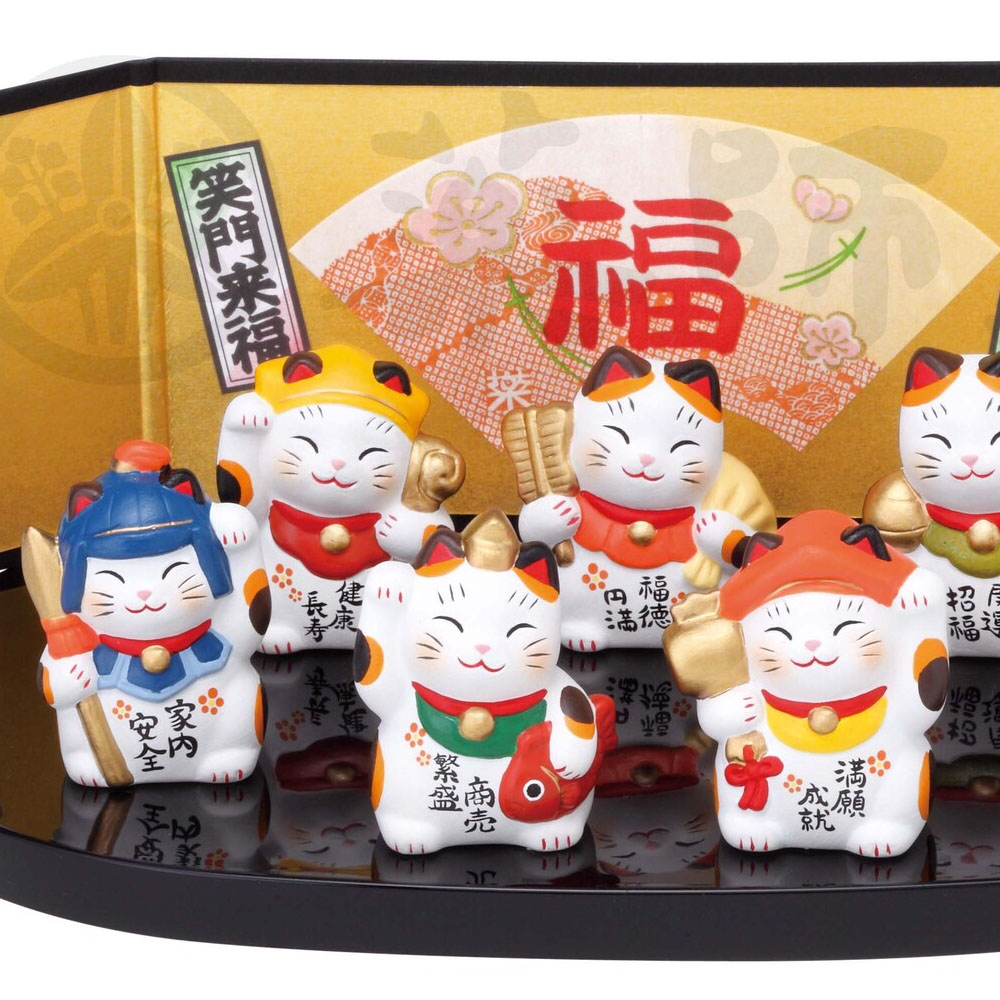 錦彩開運七福神招財貓陶器擺飾藥師窯日本正版ec514