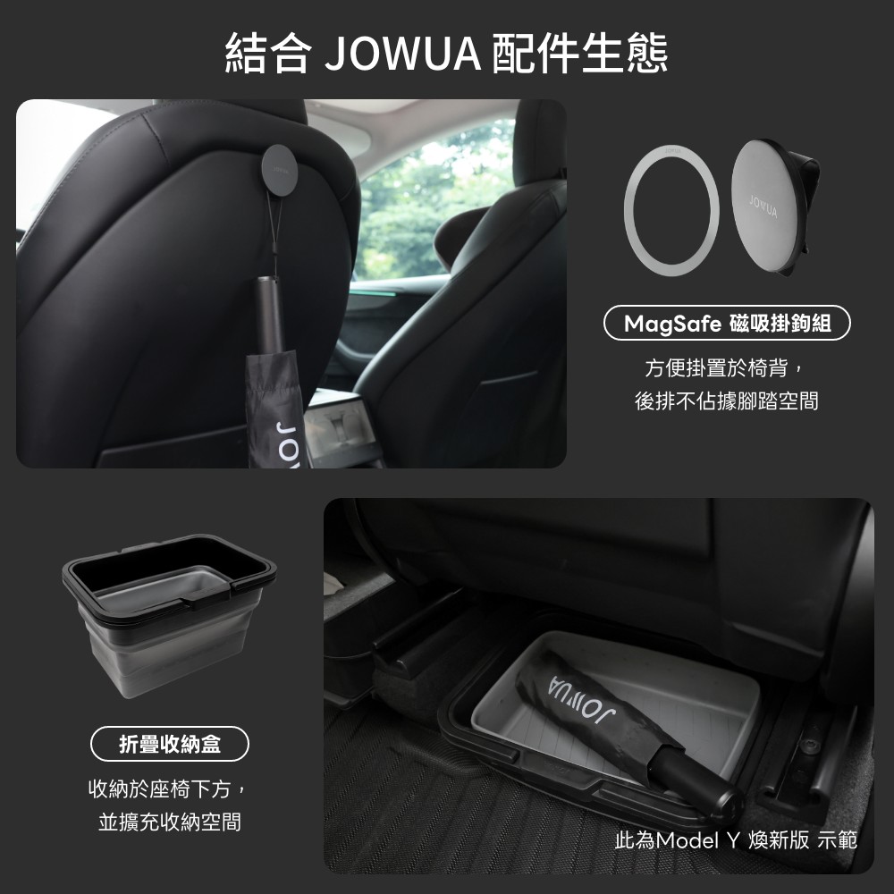 結合 JOWUA 配件生態JOWUAMagSafe 磁吸掛鉤組JO方便掛置於椅背,後排不佔據腳踏空間折疊收納盒收納於座椅下方,並擴充收納空間此為Model Y 煥新版 示範
