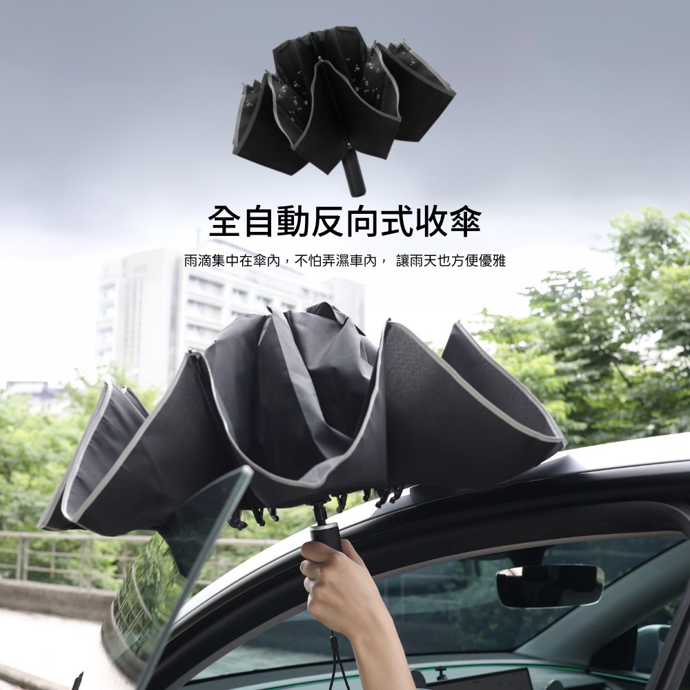 全自動反向式收傘雨滴集中在傘內,不怕弄濕車內,讓雨天也方便優雅