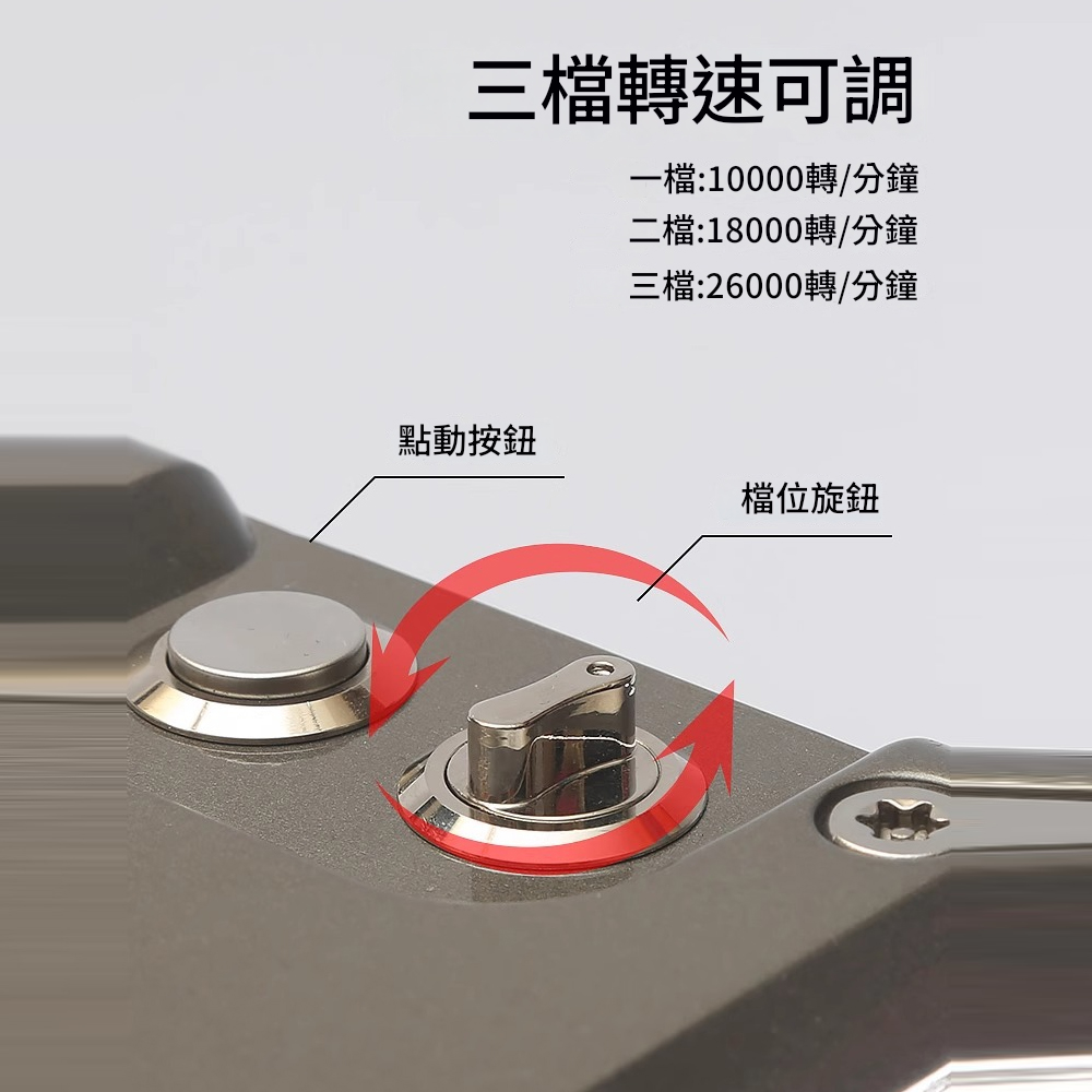 三檔轉速可調一檔:10000轉/分鐘二檔:18000轉/分鐘三檔:26000轉/分鐘點動按鈕檔位旋鈕