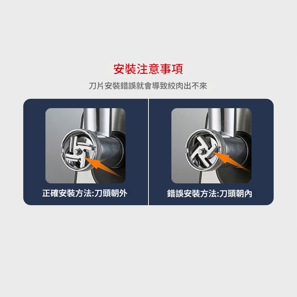 安裝注意事項刀片安裝錯誤就會導致絞肉出不來正確安裝方法:刀頭朝外錯誤安裝方法:刀頭朝內