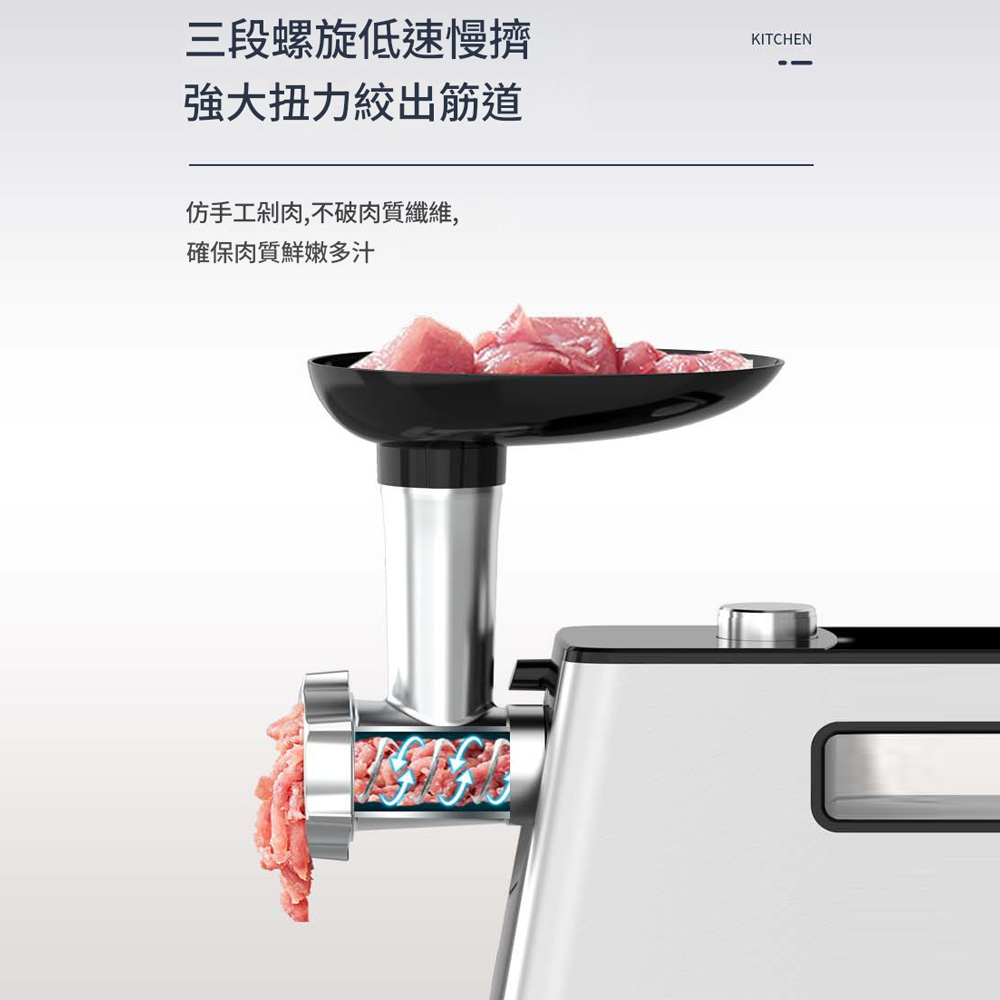 三段螺旋低速慢擠強大扭力絞出筋道KITCHEN仿手工剁肉,不破肉質纖維,確保肉質鮮嫩多汁