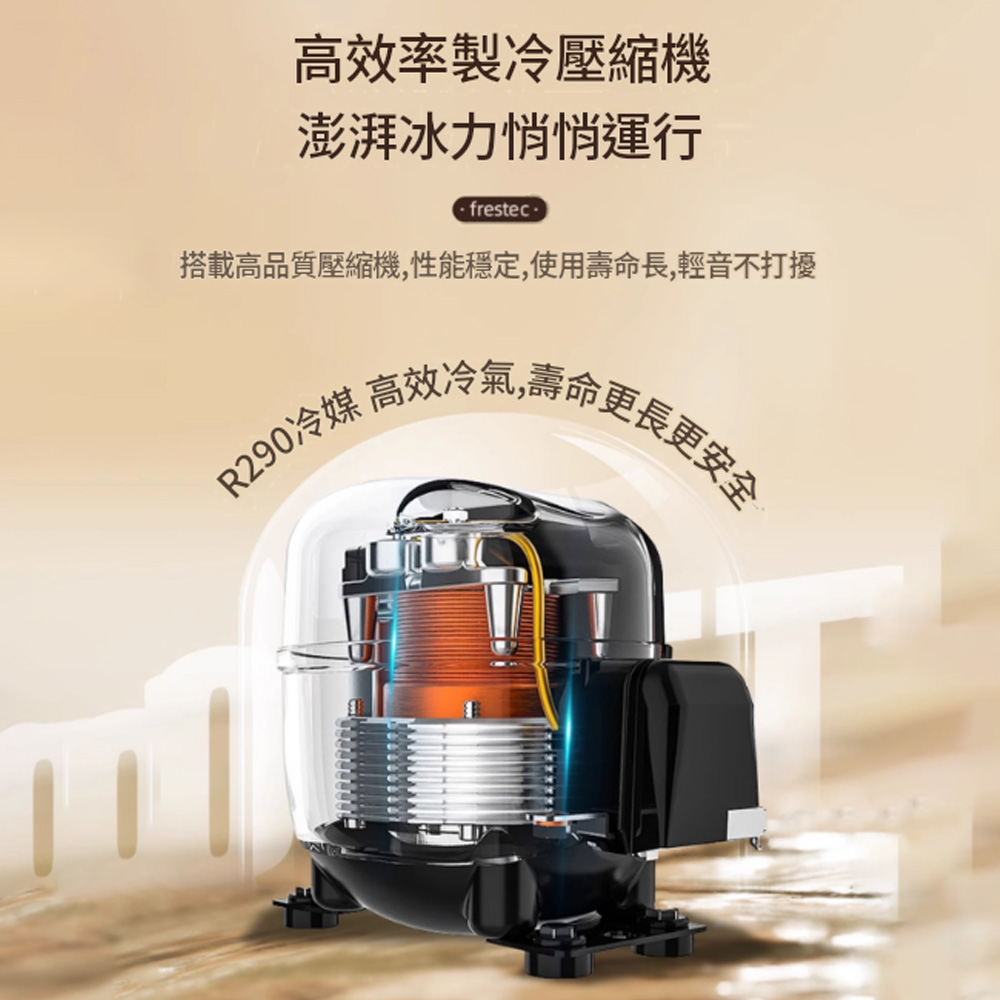 高效率製冷壓縮機澎湃冰力悄悄運行frestec搭載高品質壓縮機,性能穩定,使用壽命長,輕音不打擾R290冷媒 高效冷氣,壽命更長更安全
