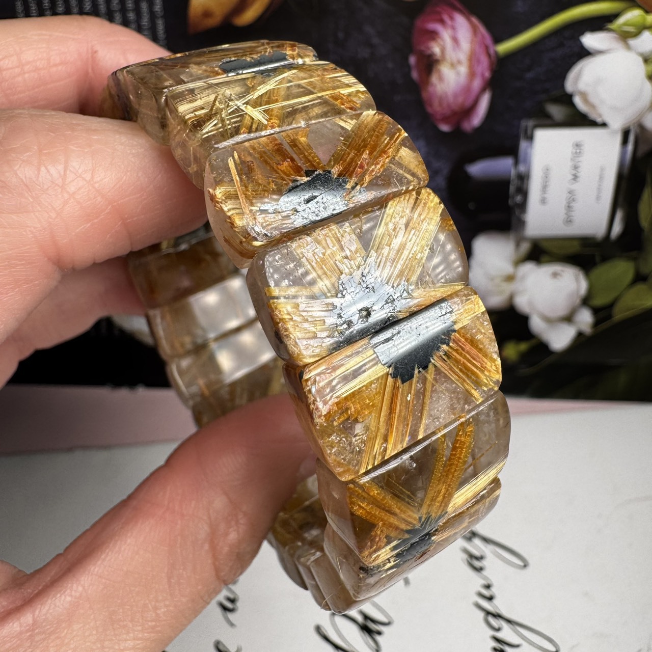 千奇國際精品】美！天然水晶頂級太陽花鈦晶手排19.8mm72公克手圍