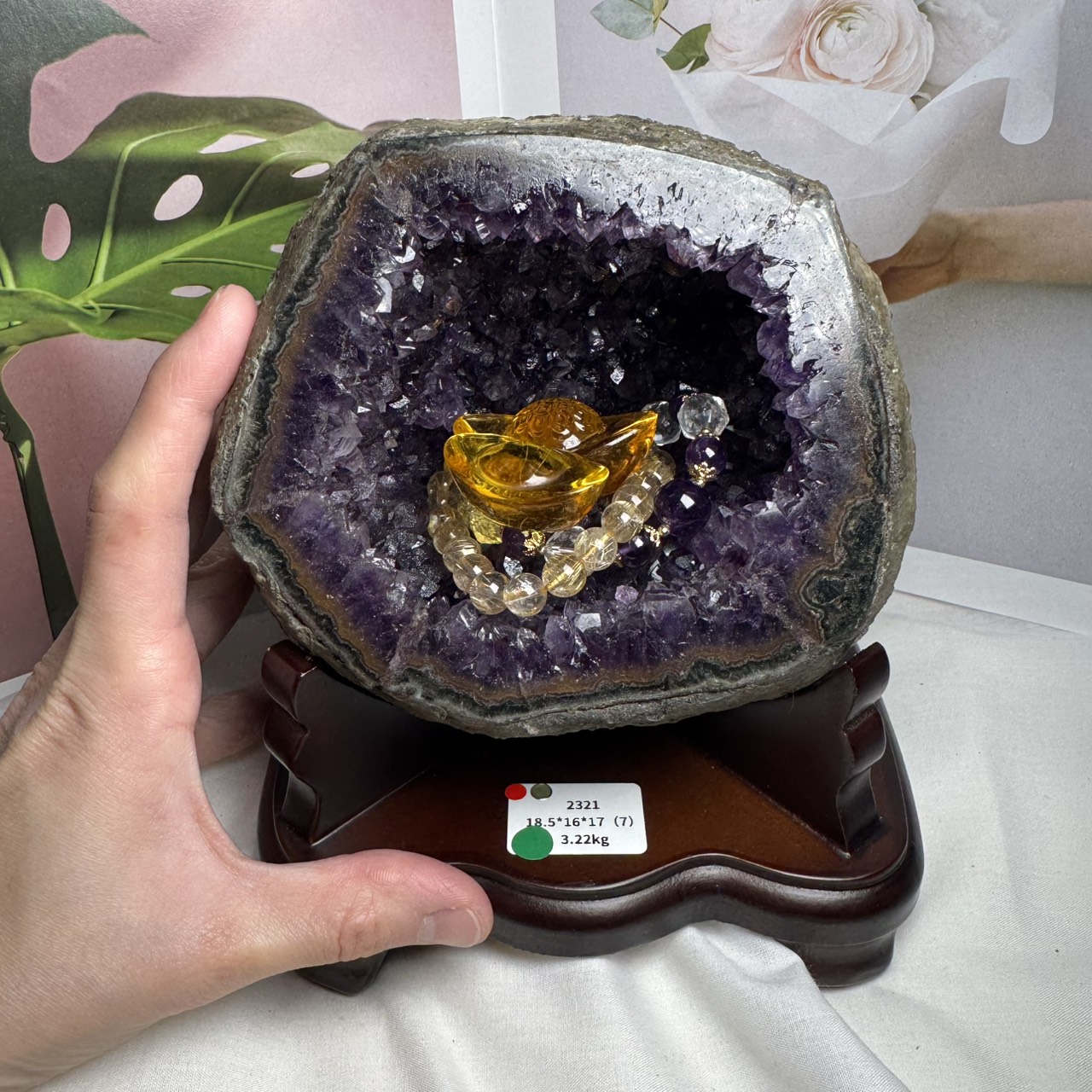 千奇國際精品】超美橘紋綠瑪瑙邊頂級烏拉圭紫水晶洞2321號ESPa+ 3.22kg