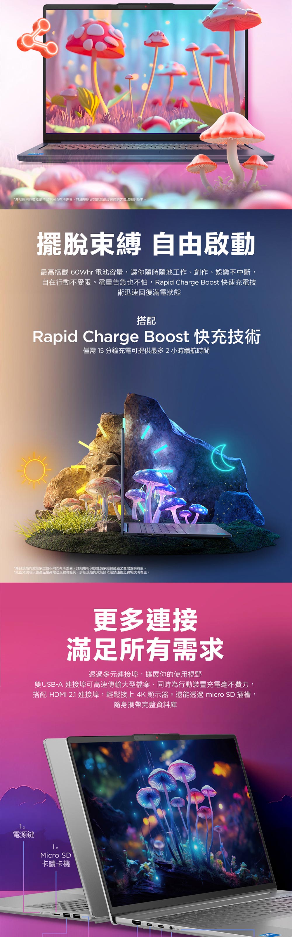 *產品規格與效能依型號不同而有所差異,詳細規格與效能請依經銷通路之賣場說明為主。擺脫束縛 啟動最高搭載60Whr 電池容量,讓你隨時隨地工作、創作、娛樂不中斷,自在行動不受限。電量告急也不怕,Rapid Charge Boost 快速充電技術迅速回復滿電狀態搭配Rapid Charge Boost 快充技術僅需 15 分鐘充電可提供最多2小時續航時間*產品規格與效能依型號不同而有所差異,詳細規格與效能請依經銷通路之賣場說明為主。*此圖文說明以該產品最高電池瓦數為範例,詳細規格與效能請依經銷通路之賣場說明為主。更多連接滿足所有需求透過多元連接埠,擴展你的使用視野雙USB 連接埠可高速傳輸大型檔案、同時為行動裝置充電毫不費力,搭配 HDMI 2.1 連接埠,輕鬆接上4K 顯示器。還能透過 micro SD 插槽,隨身攜帶完整資料庫電源鍵Micro SD卡讀卡機-A