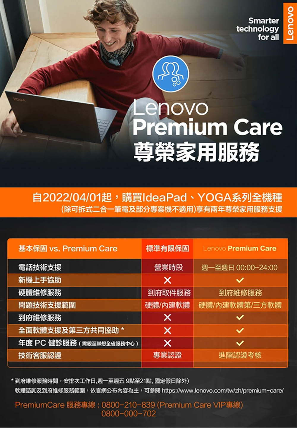 Smartertechnologyfor allLenovoPremium Care尊榮家用服務自2022/04/01起,購買IdeaPad、YOGA系列全機種(除可拆式二合一筆電及部分專案機不適用)享有兩年尊榮家用服務支援基本保固 vs. Premium Care標準有限保固Lenovo Premium Care電話技術支援營業時段週一至週日 00:00~24:00新機上手協助硬體維修服務到府取件服務到府維修服務問題技術支援範圍硬體/內建軟體 硬體/內建軟體第三方軟體到府維修服務全面軟體支援及第三方共同協助 *年度 PC健診服務(需親至聯想全省服務中心)技術客服認證專業認證進階認證考核* 到府維修服務時間,安排次工作日,週一至週五9點至21點,國定假日除外)軟體諮詢及到府維修服務範圍,依官網公布內容為主,可參閱 https://www.lenovo.com/tw/zh/premium-care/PremiumCare 服務專線:0800-210-839 (Premium Care VIP專線)0800-000-702Lenovo