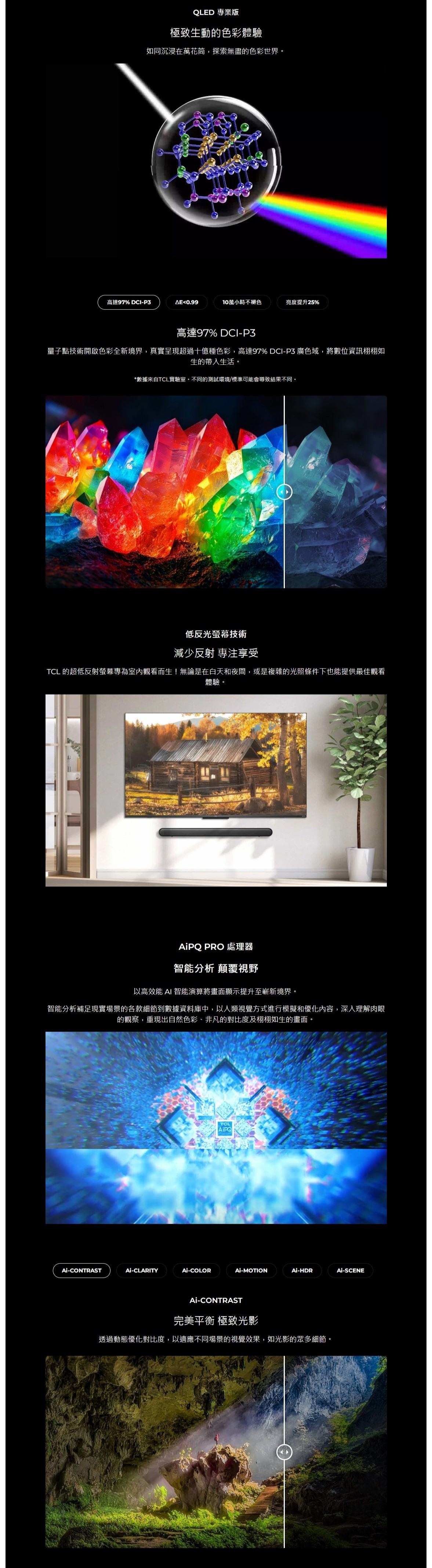 QLED 專業版極致生動的色彩體驗如同沉浸在萬花筒,探索無盡的色彩世界高達97%DCI-P3AE0.9910萬小時不褪色亮度提升25%高達97%DCI-P3量子點技術開啟色彩全新境界,真實呈現超過十億種色彩,高達97%DCI-P3 廣色域,將數位資訊栩栩如生的帶入生活。*數據來自TCL實驗室。不同的測試環境/標準可能會導致結果不同。低反光螢幕技術減少反射 專注享受TCL 的超低反射螢幕專為室內觀看而生!無論是在白天和夜間,或是複雜的光照條件下也能提供最佳觀看體驗。 PRO 處理器智能分析 顛覆視野以高效能 AI 智能演算將畫面顯示提升至嶄新境界。智能分析補足現實場景的各款細節到數據資料庫中,以人類視覺方式進行模擬和優化內容,深入理解肉眼的觀察,重現出自然色彩、非凡的對比度及栩栩如生的畫面。TCLPQAi-CONTRASTAi-CLARITYAi-COLORAi-MOTIONAi-HDRAi-SCENEAi-CONTRAST完美平衡 極致光影透過動態優化對比度,以適應不同場景的視覺效果,如光影的眾多細節。