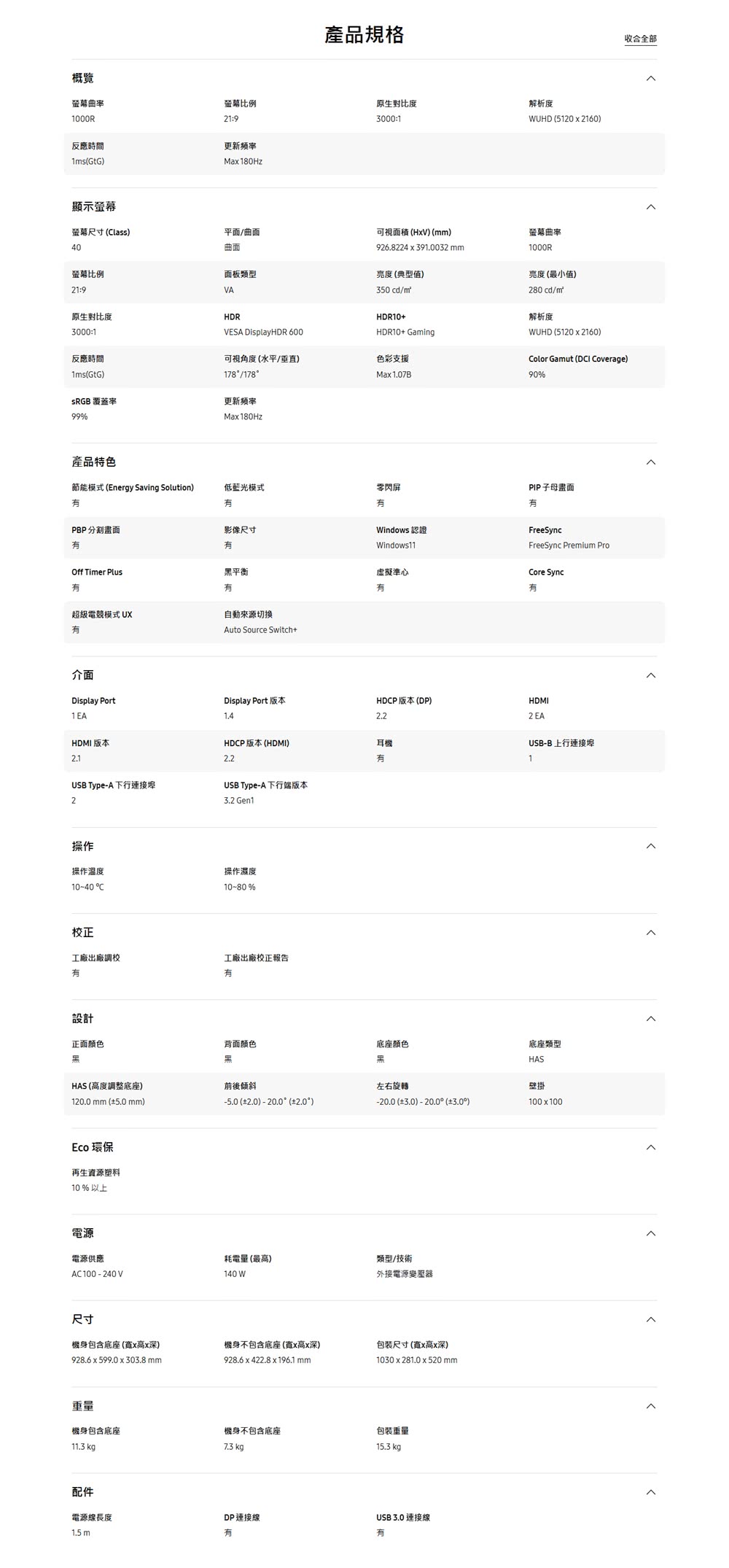 產品規格概覽螢幕曲率1000R螢幕比例原生對比度3000:1反應時間1msGtG顯示螢幕21:9更新頻率Ma180Hz螢幕尺寸 lass)平面/曲面可視面積HV)(mm)40曲面926.8224391.0032 mm螢幕比例21:9面板類型VA(典型值)350cd/原生對比度HDR3000:1反應時間1ms(GtG)VESA DisplayHDR 600可視角度(水平/垂直)178/178 覆蓋率99%更新頻率Max 180Hz產品特色解析度UHD (5120 x 2160)螢幕曲率1000R(最小值)280 cd/mHDR10+HDR10+ Gaming色彩支援Max1.07B解析度WUHD (5120 x 2160)Color Gamut (DCI Coverage)90%PIP子母畫面FreeSyncFreeSync Premium ProCore Sync節能模式 (Energy Saving Solution)低藍光模式閃屏PBP分割畫面影像尺寸Windows 認證Windows11Off Timer Plus平衡超級電競模式 UX自動來源切換Auto Source Switch+虛擬準心介面Display PortDisplay Port 版本HDCP 版本(DP)1 EAHDMI 版本HDCP 版本 (HDMI)USB TypeA 連接USB Type-A 下行端版本23.2 Gen1操作操作溫度10-40 C操作濕度10-80%校正工廠出廠調校有工廠出廠校正報告有設計正面颜色背面顏色耳機有底座颜色黑HAS (高度調整底座)前後傾斜左右旋轉120.0 mm(5.0mm)-5.0 () - 20.0 (2.0)Eco 環保再生資源塑料10%以上電源HDMI2 EAUSB-B上行連接1底座類型HAS-20.0 () 20.0 (±3.0)壁掛100x100電源供應AC100-240V耗電量(最高)140 W類型/技術外接電源變壓器尺寸機身包含底座(x高x深)機身不包含底座(x高x深)包装尺寸(寬x高x深)928.6x599.0x303.8 mm928.6x422.8x196.1 mm1030x281.0x520 mm重量機身包含底座機身不包含底座包装重量11.3 kg7.3 kg15.3 kg配件USB 3.0 連接線電源線長度DP連接線1.5 m有有收