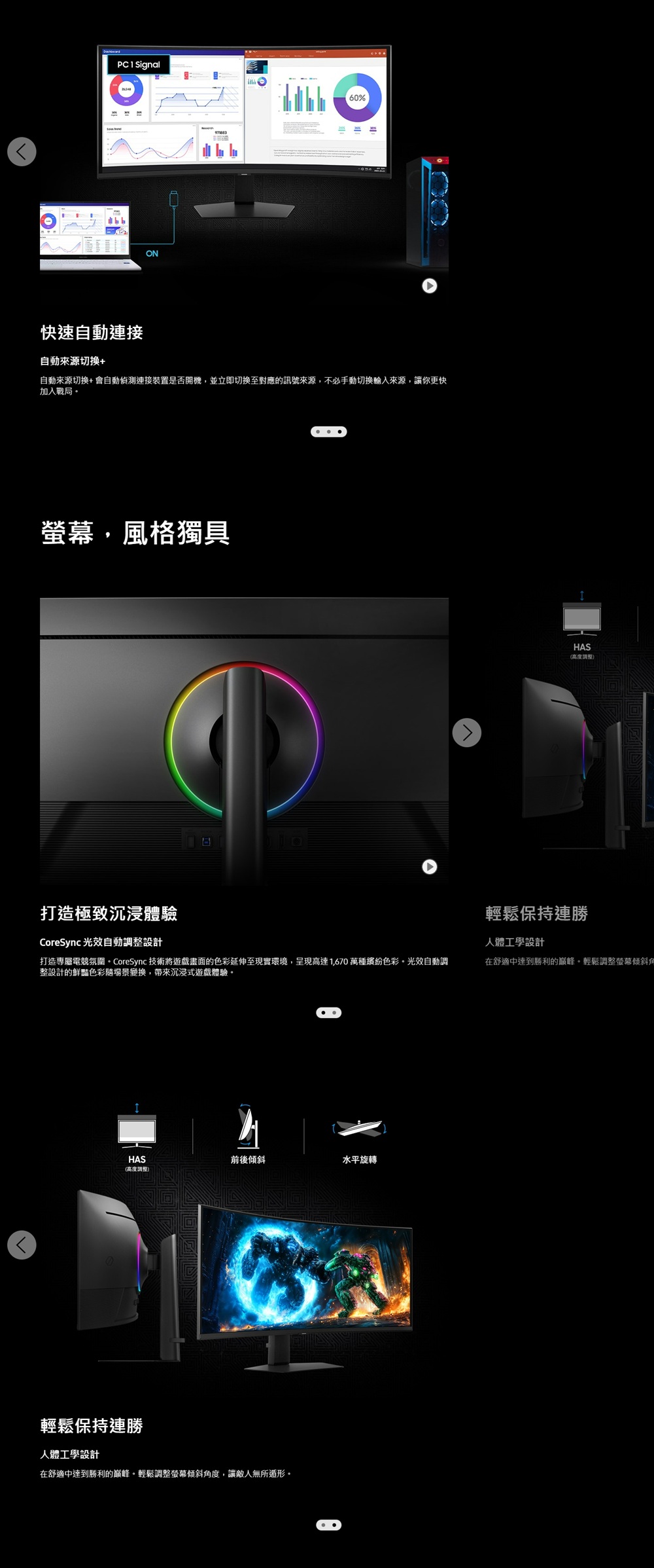 PC 1 SignalON60%快速自動連接自動來源+自動來源切換+會自動偵測連接裝置是否開機並立即切換至對應的訊號來源,不必手動切換來源,讓你更快加入戰局螢幕,風格獨具打造極致沉浸體驗CoreSync 光效自動調整設計打造專屬電競氛圍。CoreSync 技術將遊戲畫面的色彩延伸至現實環境,呈現高達1,670 萬種繽紛色彩。光效自動調整設計的鮮豔色彩場景變換,帶來沉浸式遊戲體驗。8HAS前後傾斜水平旋轉(高度調整輕鬆保持連勝人體工學設計在舒適中達到勝利的巅峰。輕鬆調整螢幕傾斜度,讓敵人無所遁形。8HAS(高度調整)輕鬆保持連勝人體工學設計在舒適中達到勝利的。輕鬆調整螢幕傾斜角