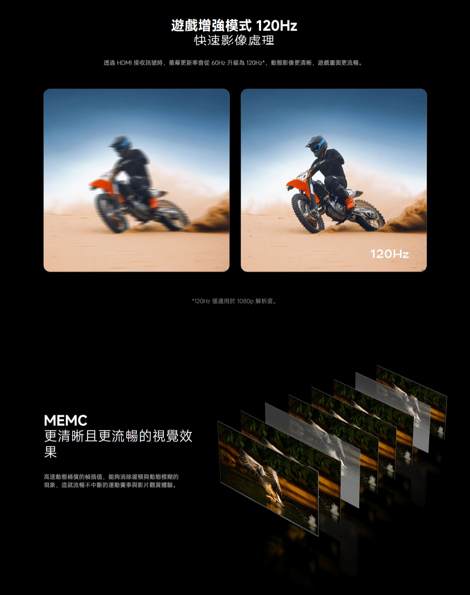 遊戲增強模式 120Hz快速影像透過 HDMI 接收訊號時,更新率會從60Hz 升級為120Hz*,動態影像更清晰,遊戲畫面更流暢。MEMC更清晰且更流暢的視覺效果高速動態補償的幀插值,能夠消除遲頓與動態模糊的現象,造就流暢不中斷的運動賽事與影片觀賞體驗。*120Hz 僅適用於1080p 解析度。120Hz