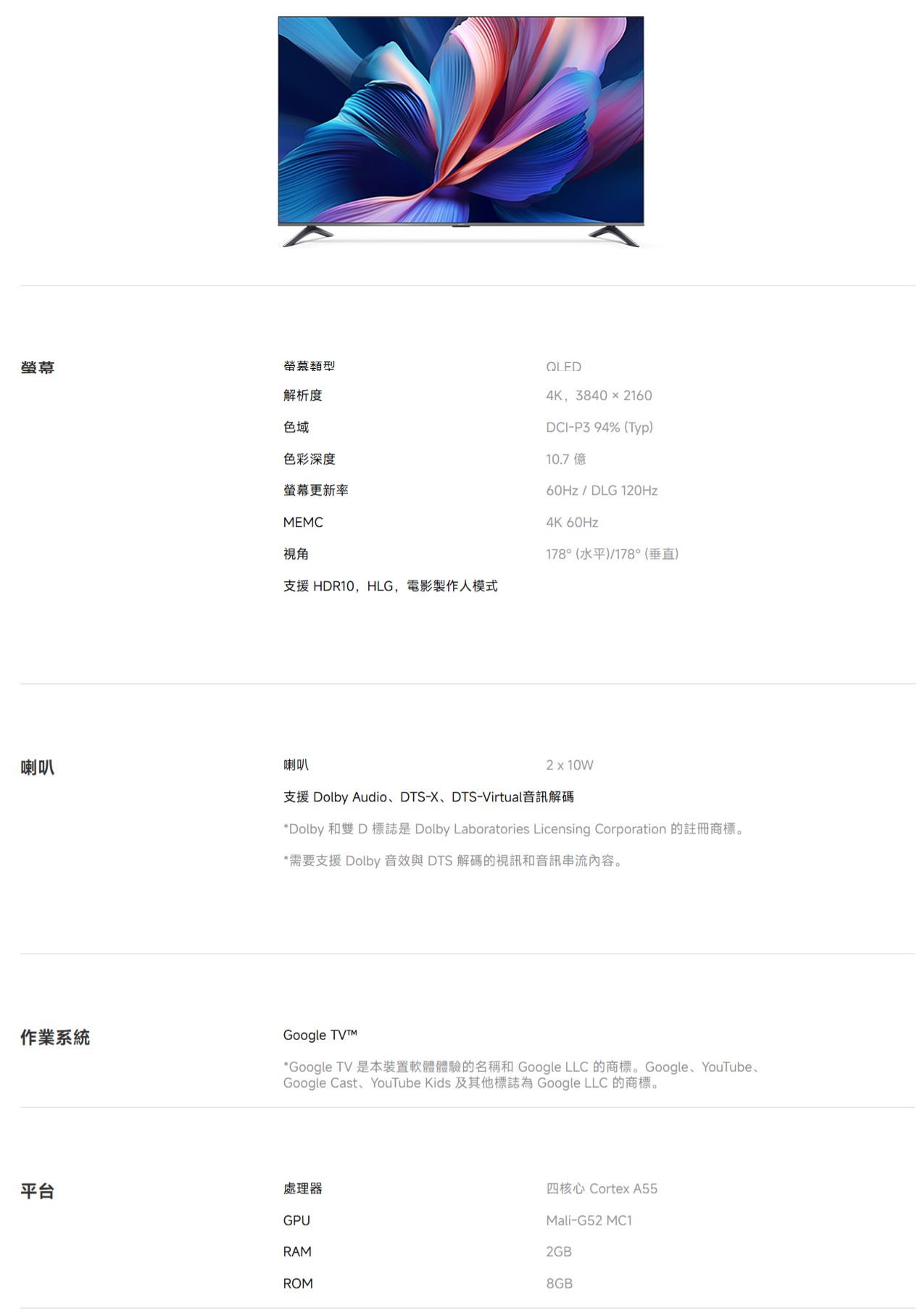 類型解析度色域色彩深度螢幕更新率MEMC視角支援 HDR10,HLG,電影製作人模式QLED4K,38402160DCI-P3 94% (Typ)10.7億60Hz / DLG 120Hz4K 60Hz178°(水平)/178°(垂直)喇叭喇叭作業系統2x10W支援 Dolby AudioDTS-X、DTS-Virtual音訊解碼*Dolby 和雙 D 標誌是 Dolby Laboratories Licensing Corporation 的註冊商標。*需要支援Dolby 音效與 DTS 解碼的視訊和音訊串流內容。Google *Google TV 是本裝置軟體體驗的名稱和 Google LLC 的商標。Google、YouTube、Google Cast、YouTube Kids 及其他標誌為 Google LLC 的商標。四核心 Cortex A55Mali-G52MC12GB平台處理器GPURAMROM8GB