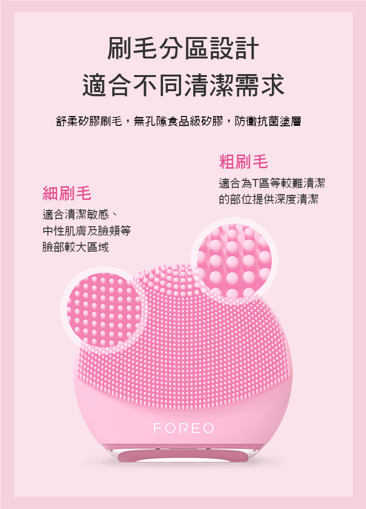 刷毛分區設計適合不同清潔需求舒柔矽膠刷毛,無孔隙食品級矽膠,防黴抗菌塗層細刷毛適合清潔敏感、中性肌膚及臉頰等臉部較大區域粗刷毛適合為T區等較難清潔的部位提供深度清潔FOREO