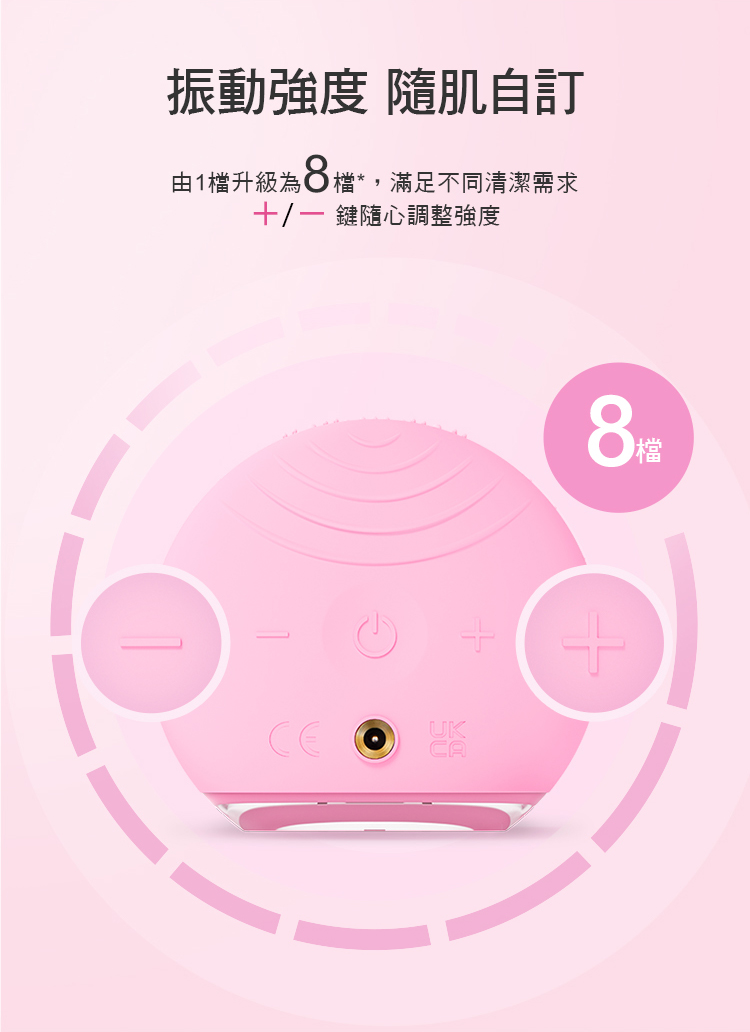 振動強度 隨肌自訂由1升級為8檔,滿足不同清潔需求 鍵隨心調整強度®UKCA8檔+