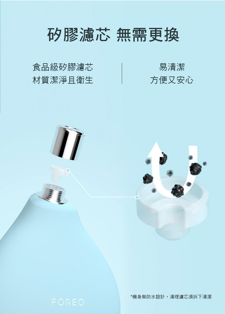 矽膠濾芯 無需更換食品級矽膠濾芯易清潔材質潔淨且衛生方便又安心*機身無防水設計,清理濾芯須拆下清潔FOREO