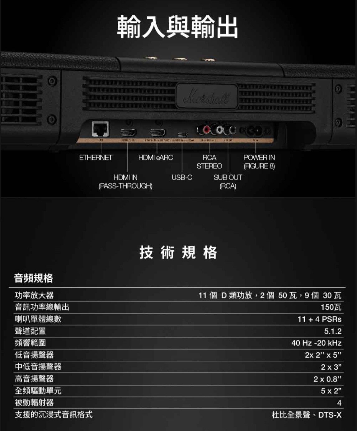 ETHERNET輸入與輸出     HDMI eARCRCASTEREOUSB-CSUB OUT(RCA)HDMI IN(PASS-THROUGH)音頻規格功率放大器音訊功率總輸出技術規格喇叭單體總數聲道配置頻響範圍低音揚聲器中低音揚聲器高音揚聲器全頻驅動單元被動輻射器支援的沉浸式音訊格式POWER IN(FIGURE 8)11 個D類功放,2個50瓦,9個30瓦150瓦11 + 4 PSRs5.1.240 Hz-20kHz2 2 52 x 32 x 0.84杜比全景聲、DTS-X