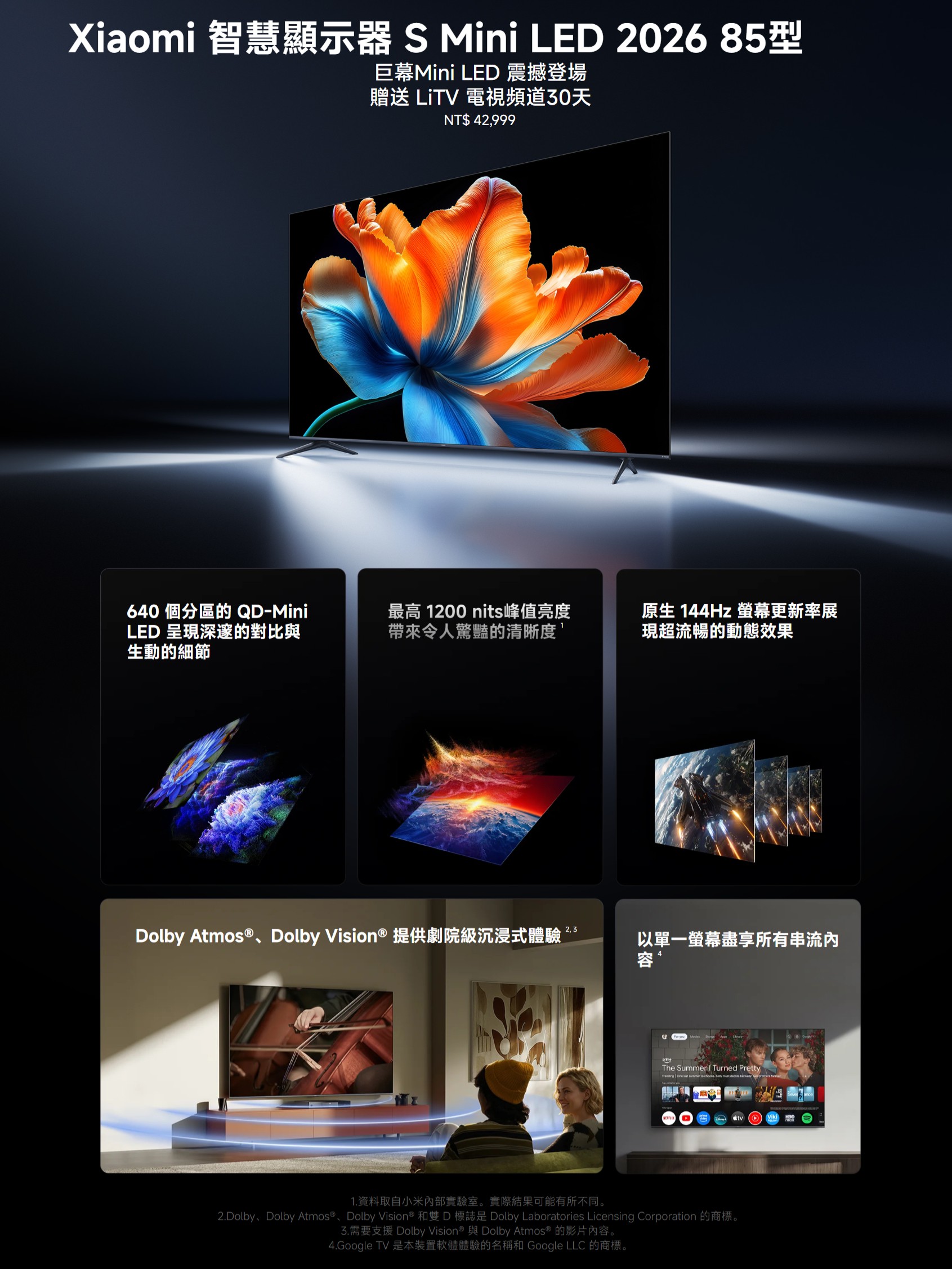 Xiaomi 智慧顯示器S Mini LED 2026 85型巨幕Mini LED 震撼登場贈送 LiTV 電視頻道30天NT$ 42999640 個分區的 QD-MiniLED 呈現深邃的對比與生動的細節最高 1200 nits峰值亮度帶來令人驚豔的清晰度原生 144Hz 更新率展現超流暢的動態效果Dolby Atmos ®, Dolby Vision® 提供劇院級沉浸式體驗2,3以單一螢幕盡享所有串流容4The Summer  Turned Pretty         1. 資料取自小米內部實驗室。實際結果可能有所不同。2.DolbyDolby Atmos®、Dolby Vision® 和雙D標誌是 Dolby Laboratories Licensing Corporation 的商標。3.需要支援 Dolby Vision® 與 Dolby Atmos ® 的影片內容。4.Google TV 是本裝置軟體體驗的名稱和 Google LLC 的商標。tv