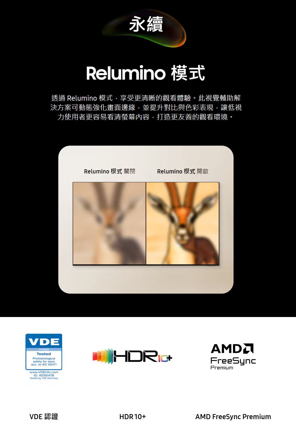 永續Relumino 模式透過 Relumino 模式,享受更清晰的觀看體驗。此視覺輔助解決方案可動態強化畫面邊緣,並提升對比與色彩表現,讓低視力使用者更容易看清螢幕內容,打造更友善的觀看環境。Relumino 模式 關閉Relumino 模式開啟VDETestedPhotobiologicalsafety for eyesacc. to IEC 62471www.VDEinfo.comID. 40061478Tested by VDE GermanyAMDFreeSyncPremiumVDE 認證HDR10+AMD FreeSync Premium