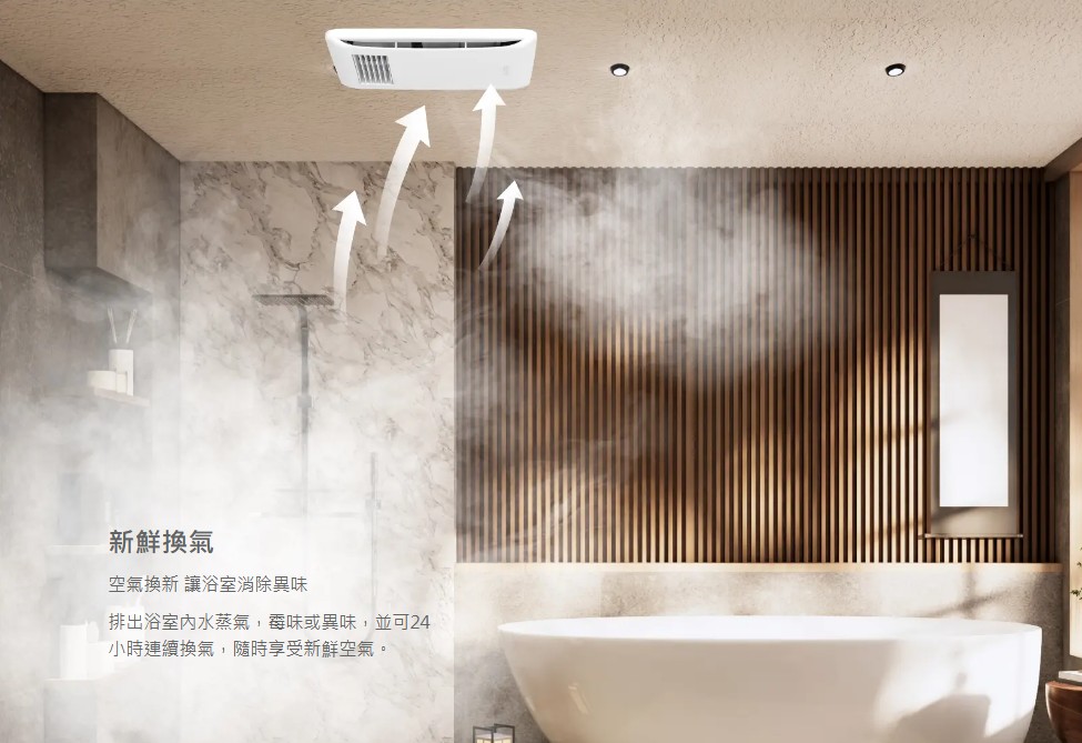 新鮮換氣空氣換新 讓浴室消除異味排出浴室水蒸氣,或異味,並可24小時連續換氣,隨時享受新鮮空氣。