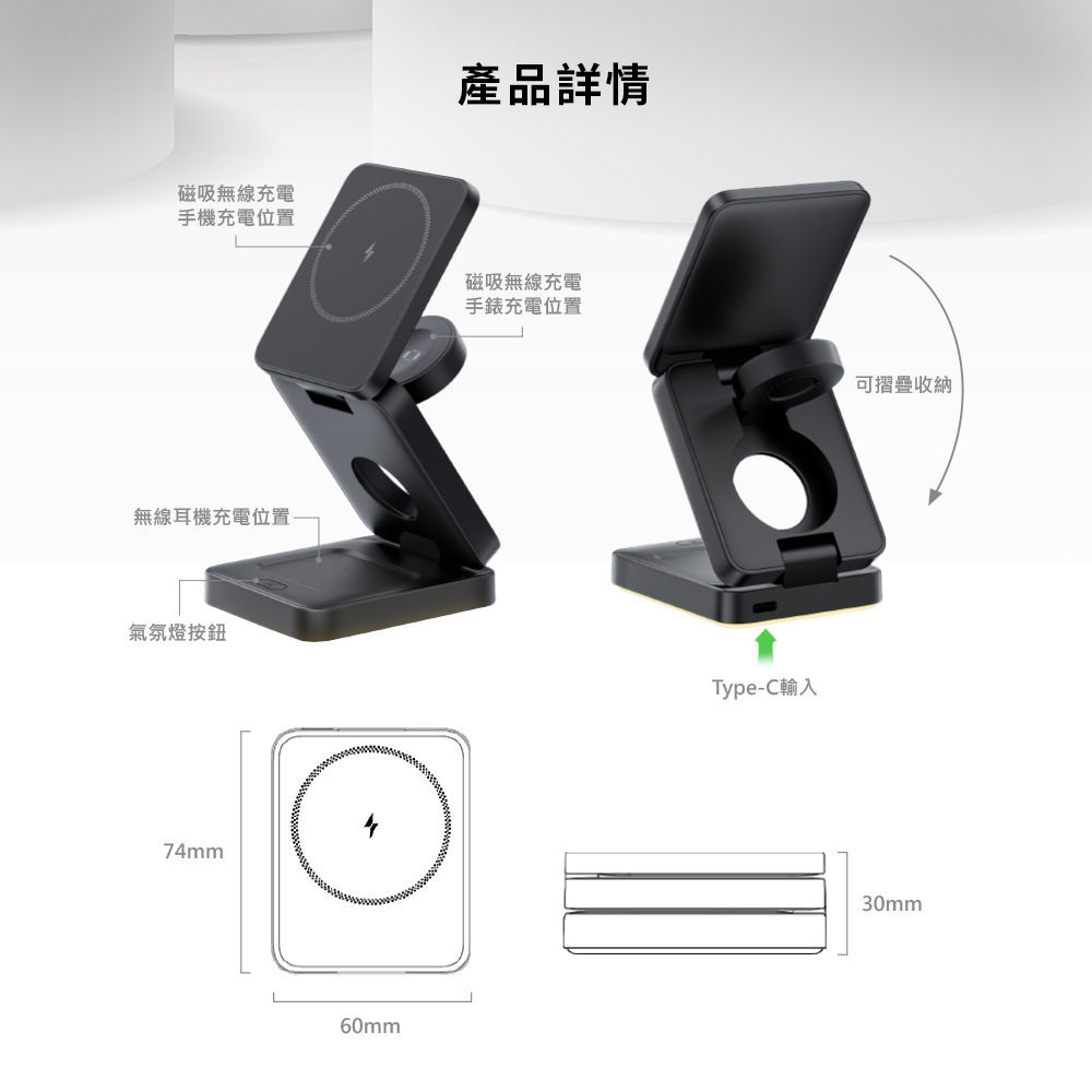 產品詳情磁吸無線充電手機充電位置磁吸無線充電手錶充電位置無線耳機充電位置氣氛燈按鈕74mm60mmType-C輸入可摺疊收納30mm