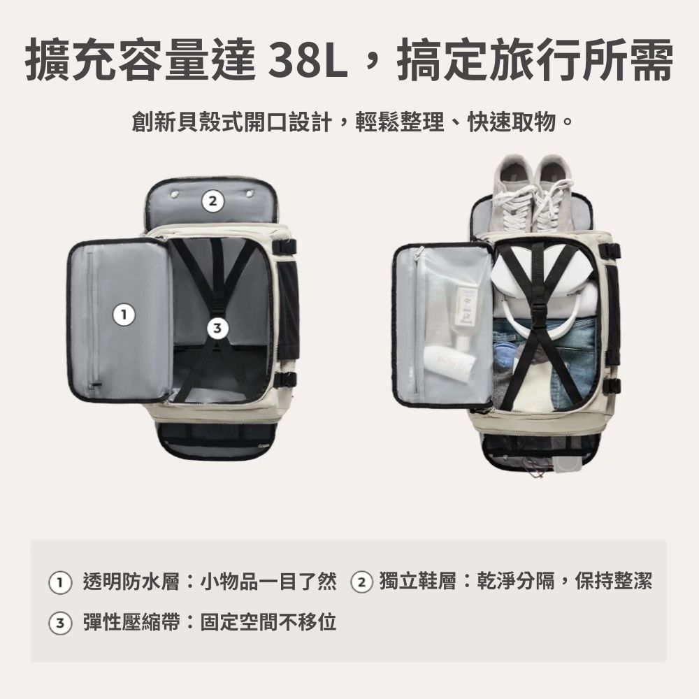 擴充容量達 8L,搞定旅行所需創新貝殼式開口設計,輕鬆整理、快速取物。透明防水層:小物品一目了然獨立鞋層:乾淨分隔,保持整潔3 彈性壓縮帶:固定空間不移位