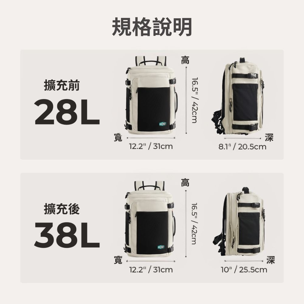 16.5 / 42cm擴充前28L規格說明高寬12.2 / 擴充後38L8.1 / 20.5cm深16.5 / 42cm寬深12.2 / 31cm10 / 25.5cm
