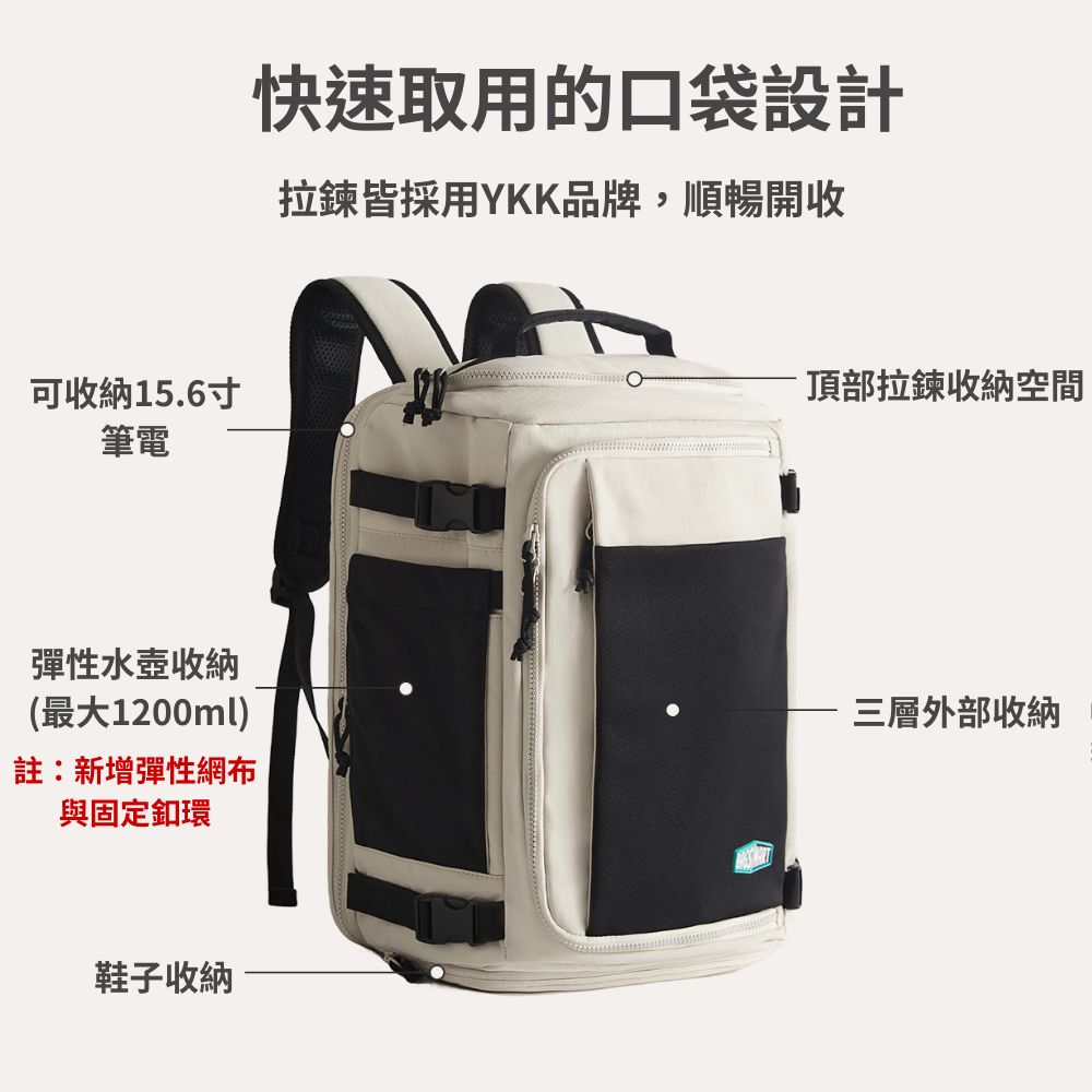 可收納15.6筆電快速取用的口袋設計拉鍊皆採用YKK品牌,順暢開收頂部拉鍊收納空間|彈性水壺收納(最大1200ml)註:新增彈性網布與固定釦環三層外部收納鞋子收納