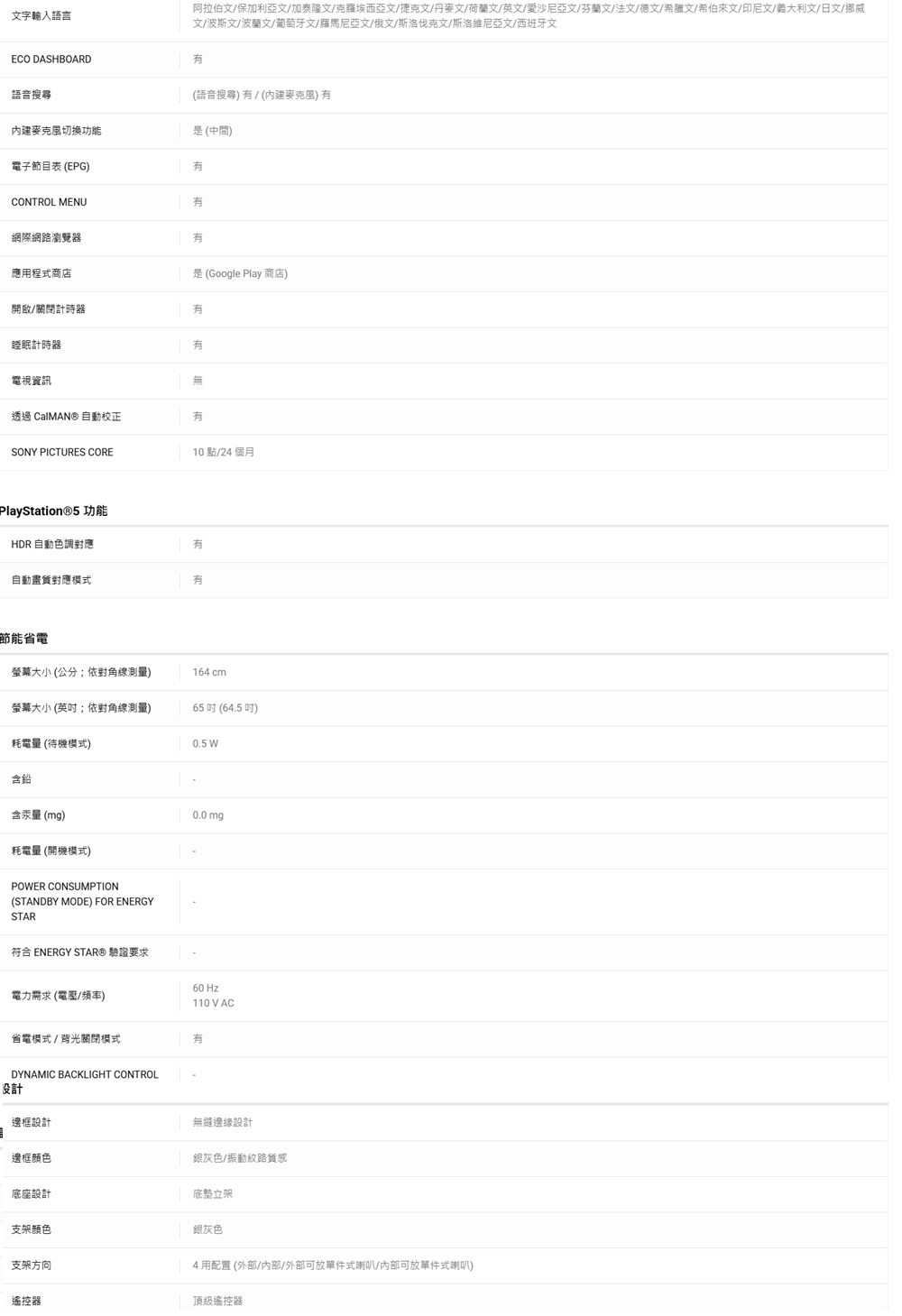文字輸入語言阿拉伯文保加利亞文/加泰隆文/克羅埃西亞文/捷克文/丹麥文/荷蘭文/英文/愛沙尼亞文/芬蘭文/法文/德文/希臘文/希伯來文/印尼文/義大利文/日文/挪威文/波斯文/波蘭文/葡萄牙文/羅馬尼亞文/俄文/斯洛伐克文/斯洛維尼亞文/西班牙文ECO DASHBOARD語音搜尋(語音搜尋 /(內建) 內建麥克風切换功能是(中間)電子節目表 (EPG)CONTROL MENU有是(Google Play 商店)網際網路瀏覽器有應用程式商店開啟/關閉計時器有睡眠計時器有電視資訊無透過 CalMAN® 自動校正SONY PICTURES CORE有10 點/24 個月PlayStation®5 功能HDR 自動色調有自動畫質對應模式有節能省電螢幕大小 (公分依對角線)164 cm螢幕大小 (;依對角線測量)65  (64.5 )耗電量(待機模式) W含鉛含汞量 (mg)0.0mg耗電量 (開機模式)POWER CONSUMPTION(STANDBY MODE) FOR ENERGYSTAR符合 ENERGY STAR® 驗證要求電力需求(電壓/頻率)60 Hz110 VAC省電模式/背光關閉模式有DYNAMIC BACKLIGHT CONTROL計邊框設計無縫邊緣設計邊框顏色銀灰色/振動紋路質感底座設計底立架支架颜色銀灰色支架方向遙控器4用配置(外部//外部可放單件式/內部可放單件式喇叭)頂級遙控器