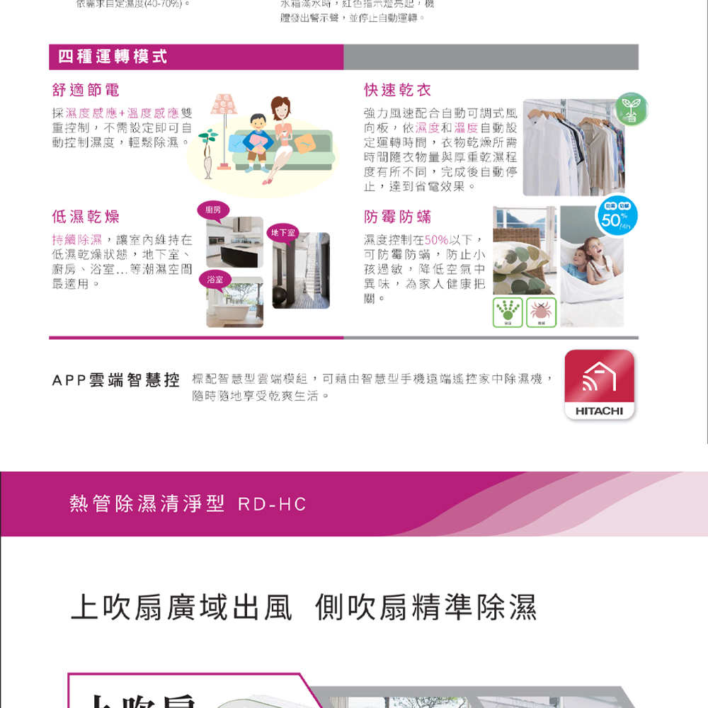 依需求定濕度(40-70%)四種運轉模式水稻滿水時,紅色指示燈亮起,機體發出警示聲,並停止自動運轉。舒適節電採濕度感應+溫度感應雙重控制,不需設定即可自動控制濕度,輕鬆除濕。快速乾衣強力速配合自動可調式風向板,依濕度和溫度自動設定運轉,乾燥所需時間衣物量與厚重乾濕程度有所不同,完成後自動停止,達到省電效果。低濕乾燥廚房防霉防蟎地下室濕度控制50%以下,可防霉防蟎,防止小孩過敏,降低空氣中異味,為家人健康把。持續除濕,讓在低濕乾燥狀態,地下室、廚房、浴室...等潮濕空間最適用。浴室APP雲端智慧控標配智慧型雲端模組,可智慧型手機遠端遙控家中除濕機,隨時隨地享受乾爽生活。熱管除濕清淨型 RD-HC上吹扇廣域出風 側吹扇精準除濕 50HITACHI