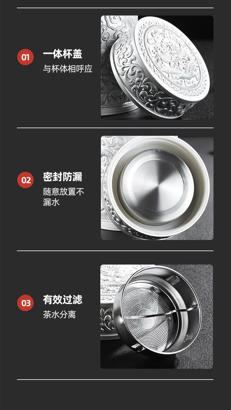 台灣出貨-銀杯子999純銀水杯九龍銀杯保溫杯足銀內膽雪花銀水杯