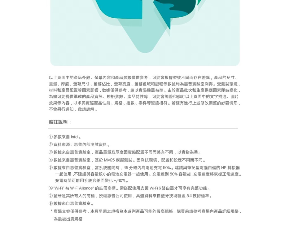 以上頁面中的產品外觀、螢幕容和產品參數僅供參考可能會根據型號不同而存在差異。產品的尺寸、重量、厚度、螢幕尺寸、螢幕佔比、螢幕亮度、螢幕色域和鍵程等數據均為惠普實驗室測得。受測試環境、材料和產品配置等因素影響數據僅供參考請以實際機器為準。由於產品批次和生產供應因素即時變化,為盡可能提供準確的產品資訊、規格參數、產品特性等,可能會調整和修訂以上頁面中的文字描述、圖片效果等內容,以求與實際產品性能、規格、指數、零件等資訊相符。若確有進行上述修改調整的必要情形,不會另行通知,敬請諒解。備註說明:①參數來自Intel。②資料來源:惠普測試資料。③數據來自惠普實驗室,產品重量及厚度因實際配置不同而略有不同,以實物為準。④數據來自惠普實驗室,基於MM25 模擬測試。因測試環境、配置和設定不同而不同。數據來自惠普實驗室,當系統關閉時,45分鐘內為電池充電50%。建議與筆記型電腦自備的 HP 轉接器一起使用,不建議與容量較小的電池充電器一起使用。充電達到50% 容量後,充電速度將恢復正常速度。充電時間可能因系統容差而變化+/10%。Fi為Wi-Fi Alliance® 的註冊商標。需搭配使用支援W-路由器才可享有完整功能。藍牙是其所有人的商標,授權惠普公司使用,具體資料來自藍牙技術聯盟5.4技術標準。數據來自惠普實驗室。* 賣場文案僅供參考,本頁呈現之規格為本系列產品可能的最高規格,購買前請參考賣場內產品詳細規格,為最後出貨規格