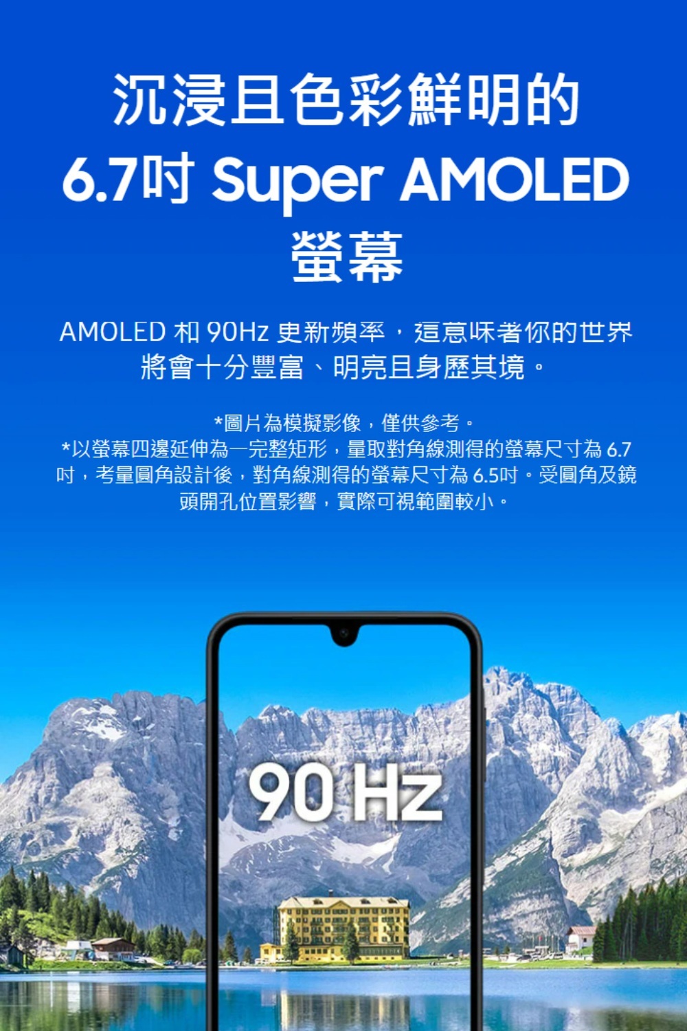 沉浸且色彩鮮明的6.7 Super AMOLEDAMOLED  90Hz 更新頻率,這意味著你的世界將會十分豐富、明亮且身歷其境。*圖片為模擬影像,僅供參考。*以螢幕四邊延伸為一完整矩形,量取對角線測得的螢幕尺寸為6.7,考量圓角設計後,對角線測得的螢幕尺寸為6.5。受圓角及鏡頭開孔位置影響,實際可視範圍較小。90