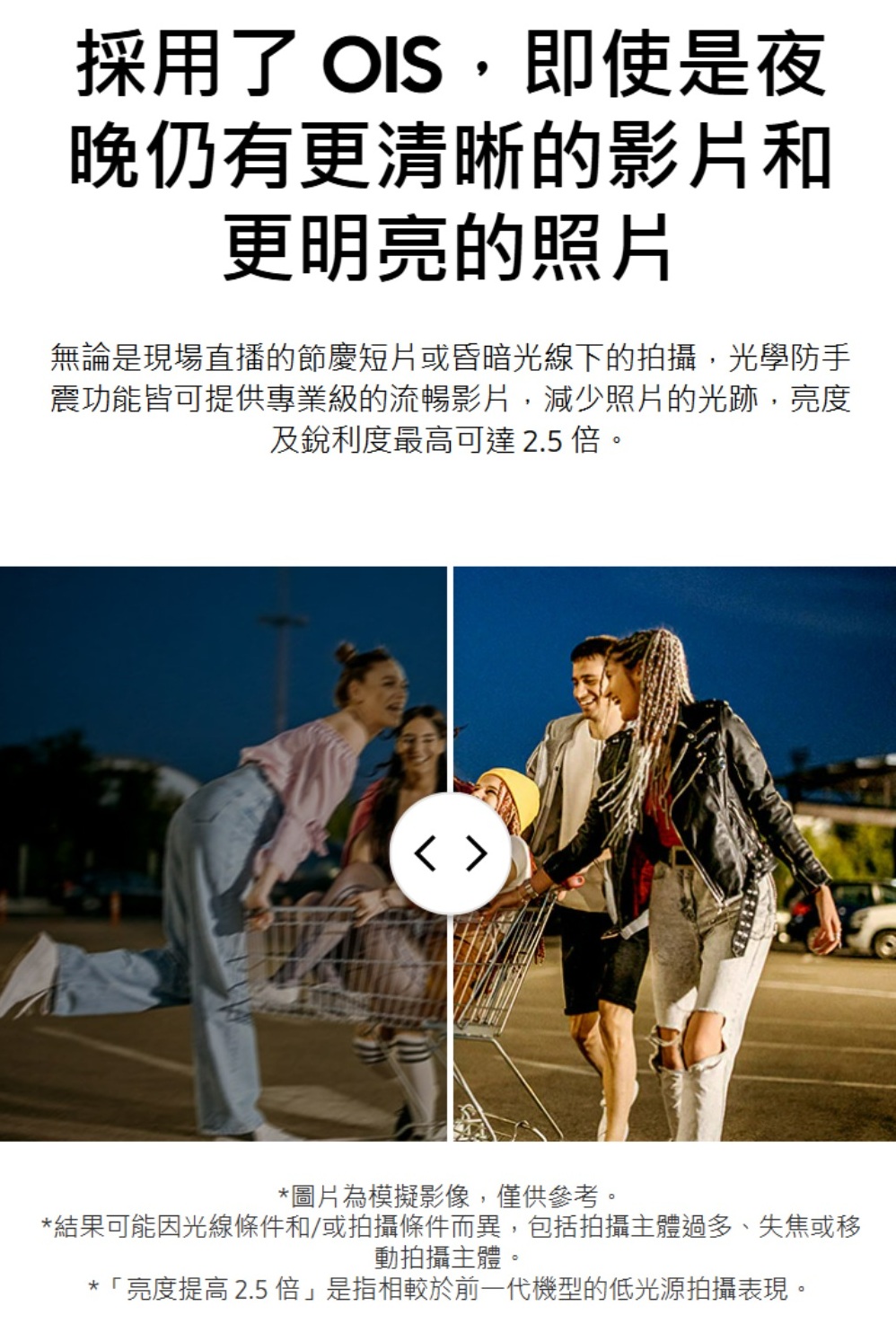 採用了 OIS,即使是夜晚仍有更清晰的影片和更明亮的照片無論是現場直播的節慶短片或昏暗光線下的拍攝,光學防手震功能皆可提供專業級的流暢影片,減少照片的光跡,亮度及銳利度最高可達2.5 倍。*圖片為模擬影像,僅供參考。*結果可能因光線條件和/或拍攝條件而異,包括拍攝主體過多、失焦或移動拍攝主體。*「亮度提高 2.5 倍」是指相較於前一代機型的低光源拍攝表現。