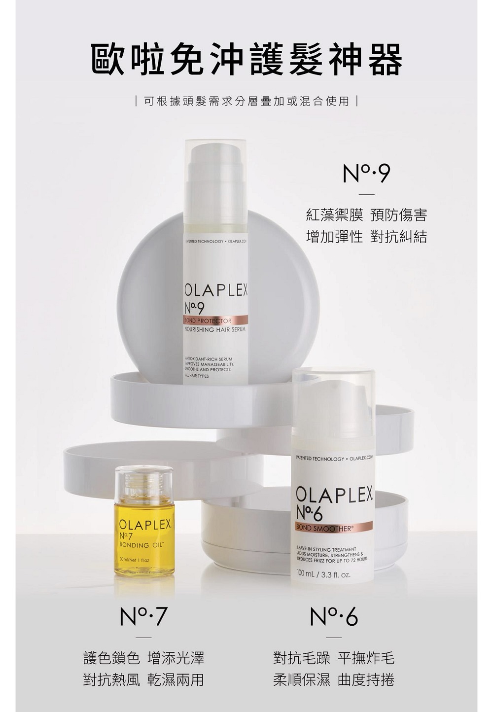 歐啦免沖護髮神器可根據頭髮需求分層疊加或混合使用 TECHNOLOGY OLAPLEX PROTECTORNOURISHING  SERUM-RICH SERUMMPROVES MANAGEABILITY AND PROTECTS HAIR TYPES紅藻禦膜 預防傷害增加彈性 對抗糾結PATENTED TECHNOLOGY OLAPLEXBONDING OIL/Net 1 OLAPLEXBOND SMOOTHER®LEAVE-IN STYLING TREATMENTADDS MOISTURE STRENGTHENS &REDUCES FRIZZ FOR UP TO 72 HOURS100  / 33 fl. oz.N護色鎖色 增添光澤對抗熱風乾濕兩用對抗毛躁 平撫炸毛柔順保濕 曲度持捲