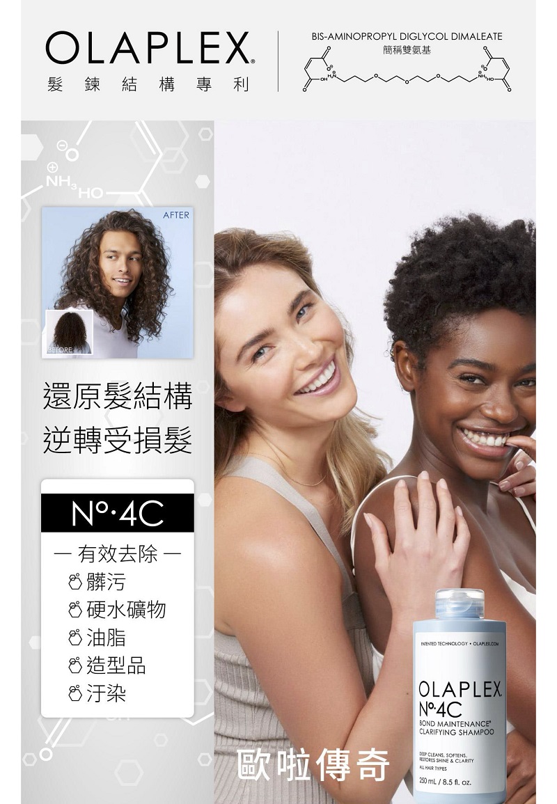 OLAPLEX結構專利NHAFTER還原髮結構逆轉受損髮 有效去除- 髒污硬水礦物油脂 造型品8汙染BIS-AMINOPROPYL DIGLYCOL DIMALEATE簡稱雙氨基 TECHNOLOGY OLAPLEXCOM歐啦傳奇OLAPLEXBOND MAINTENANCECLARIFYING SHAMPOO CLEANS SOFTENS SHINE & CLARITY  TYPES250  8.5 . oz.