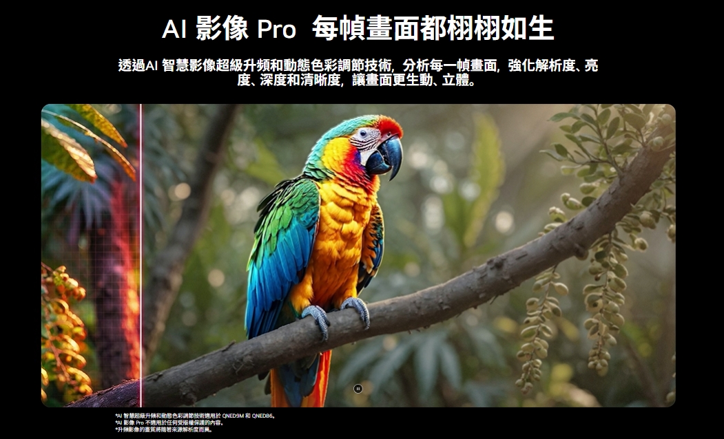 影像  每幀畫面都栩栩如生透過 智慧影像超級升和動態色彩調節技術,分析每一幀畫面,強化解析度、亮度、深度和清晰度,讓畫面更生動、立體AI智慧超級升和動態色彩調節技術適用於 QNED9M 和 。* 影像 Pro 不適用於任何的内容。*升頻影像的畫質將来源解析度而。